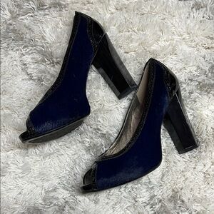 VTG Diane von Furstenberg Calf Hair & Patent Leather Peep Toe Heels
